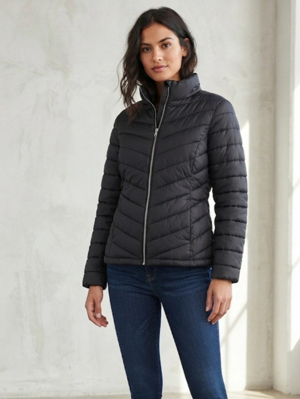 Faded Glory Black Chevron Quilted Puffer Jacket Women's Size Large Full Zip